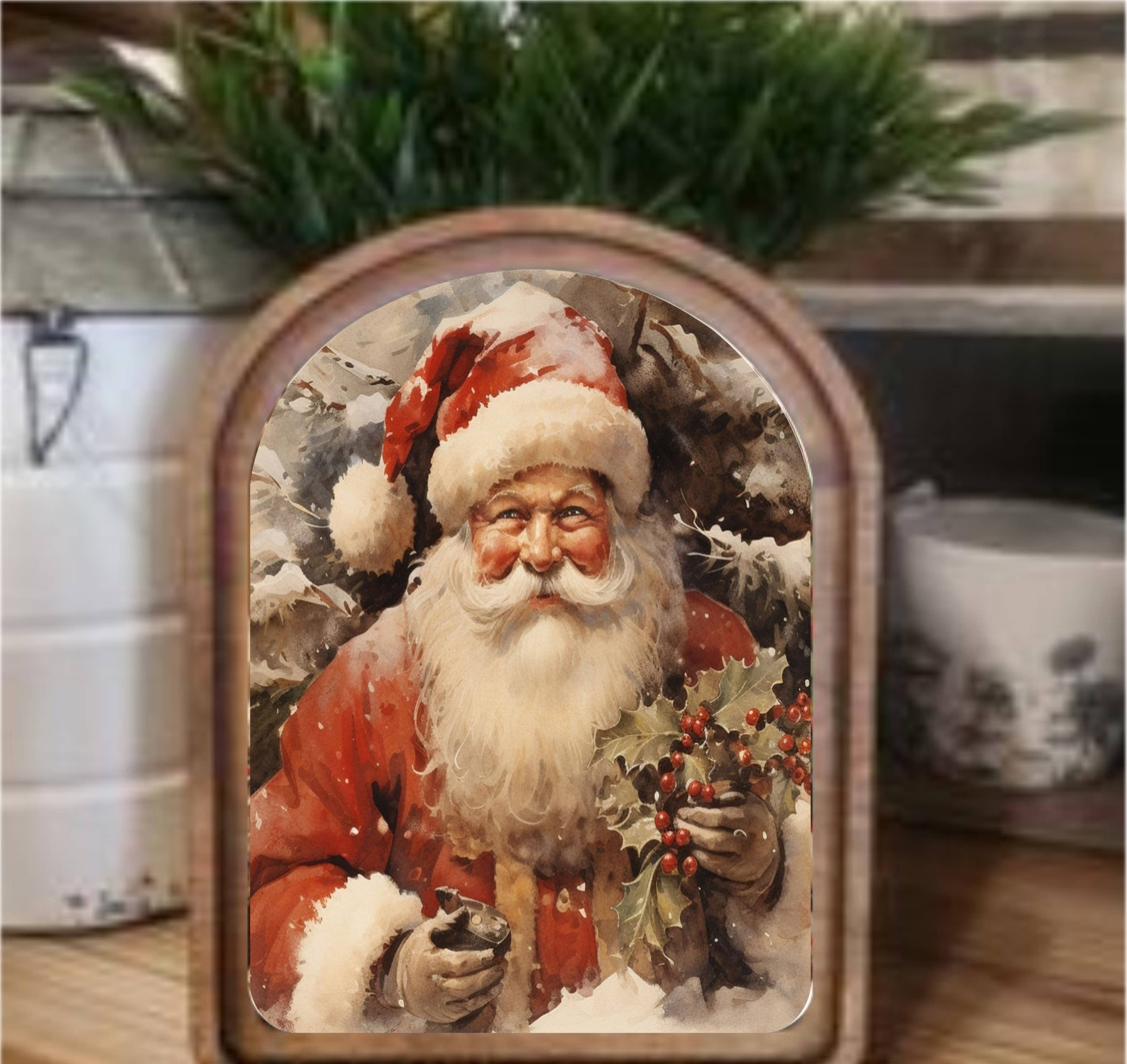 Santa With Holly Framed Art Arch Top