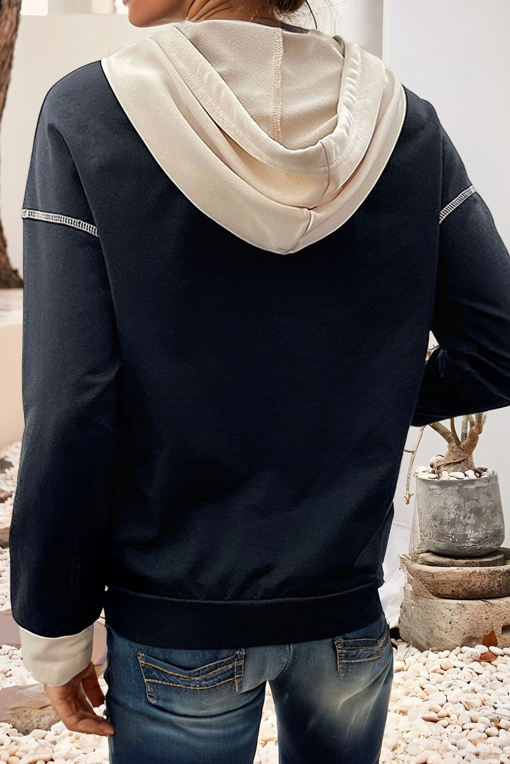 Contrast Seam Color Block Hooded Sweatshirt