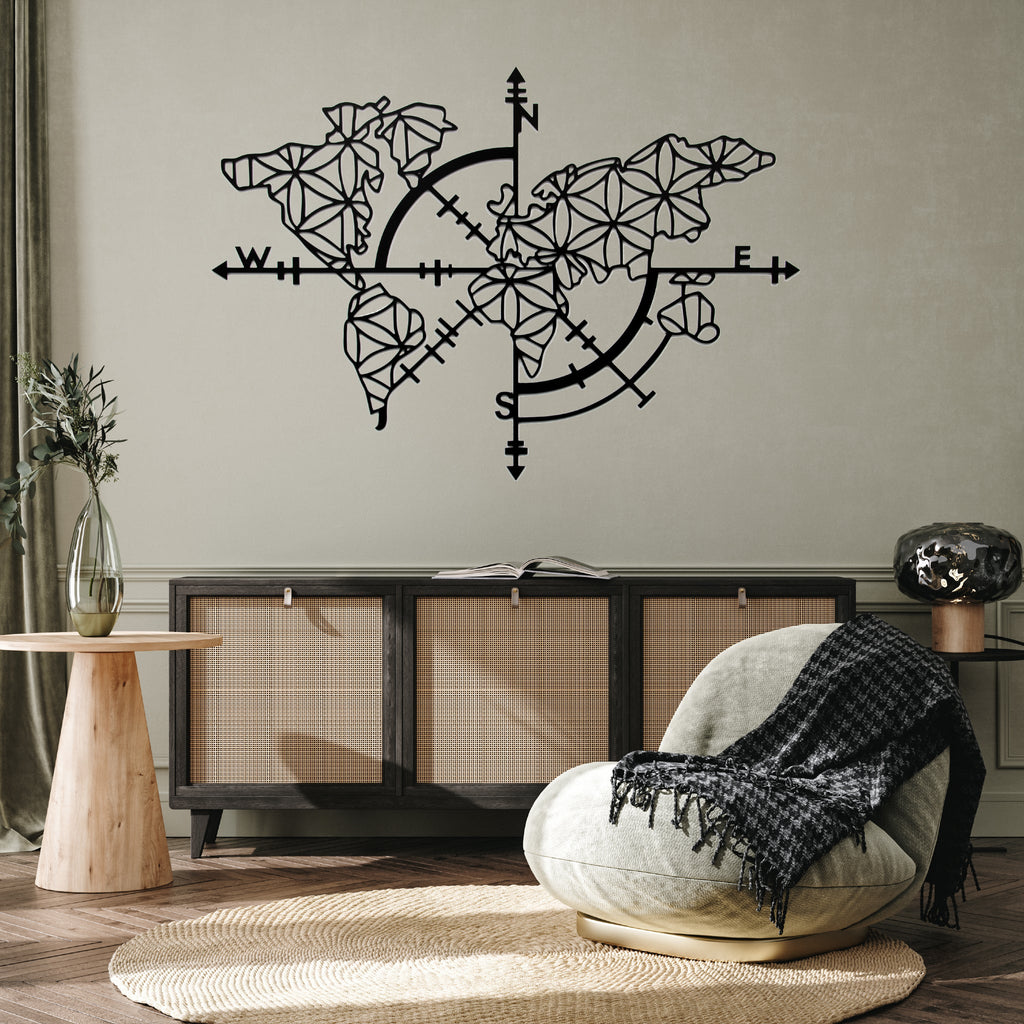 World Map Compass - Metal Wall Art