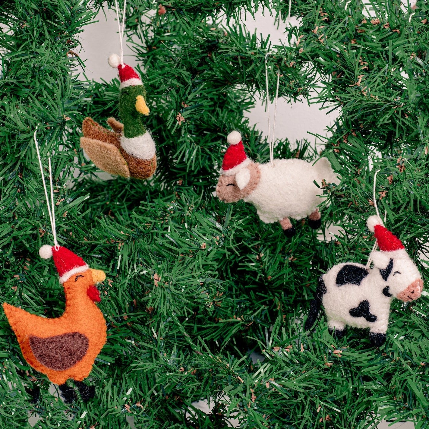 Felt Farm Animal Santa Hat Ornaments