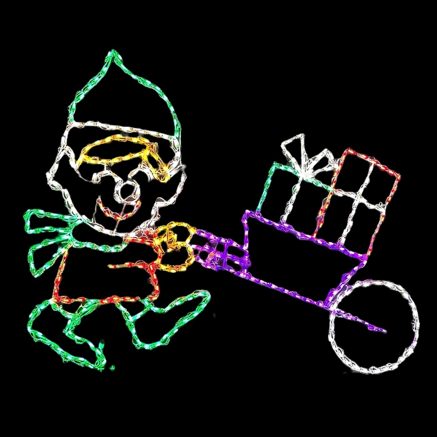 Boy Elf Wheel Barrow carrying presents
