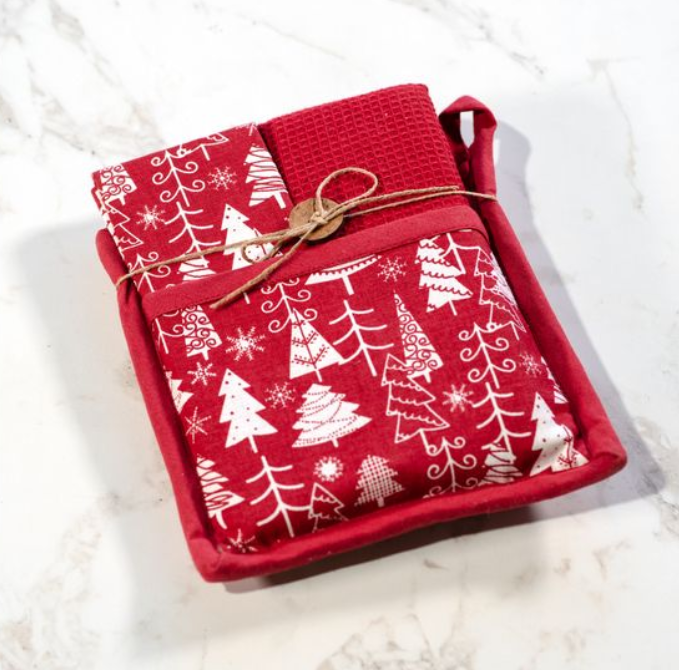 Red Christmas Tree Potholder Towel Set