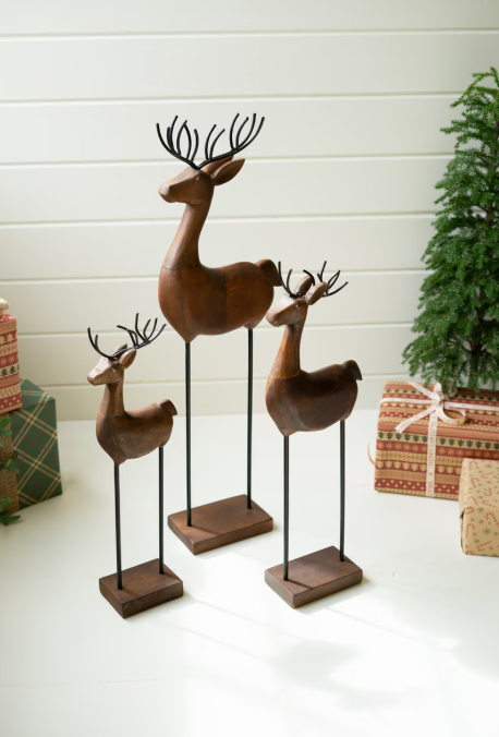 Carved Wood and Iron Reindeer on Bases
