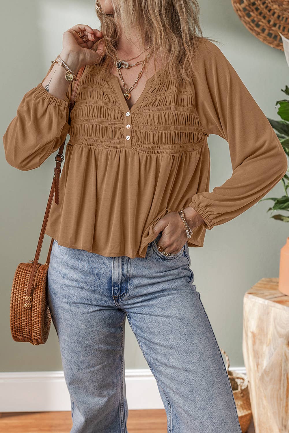 Smocked Split V Neck Blouse