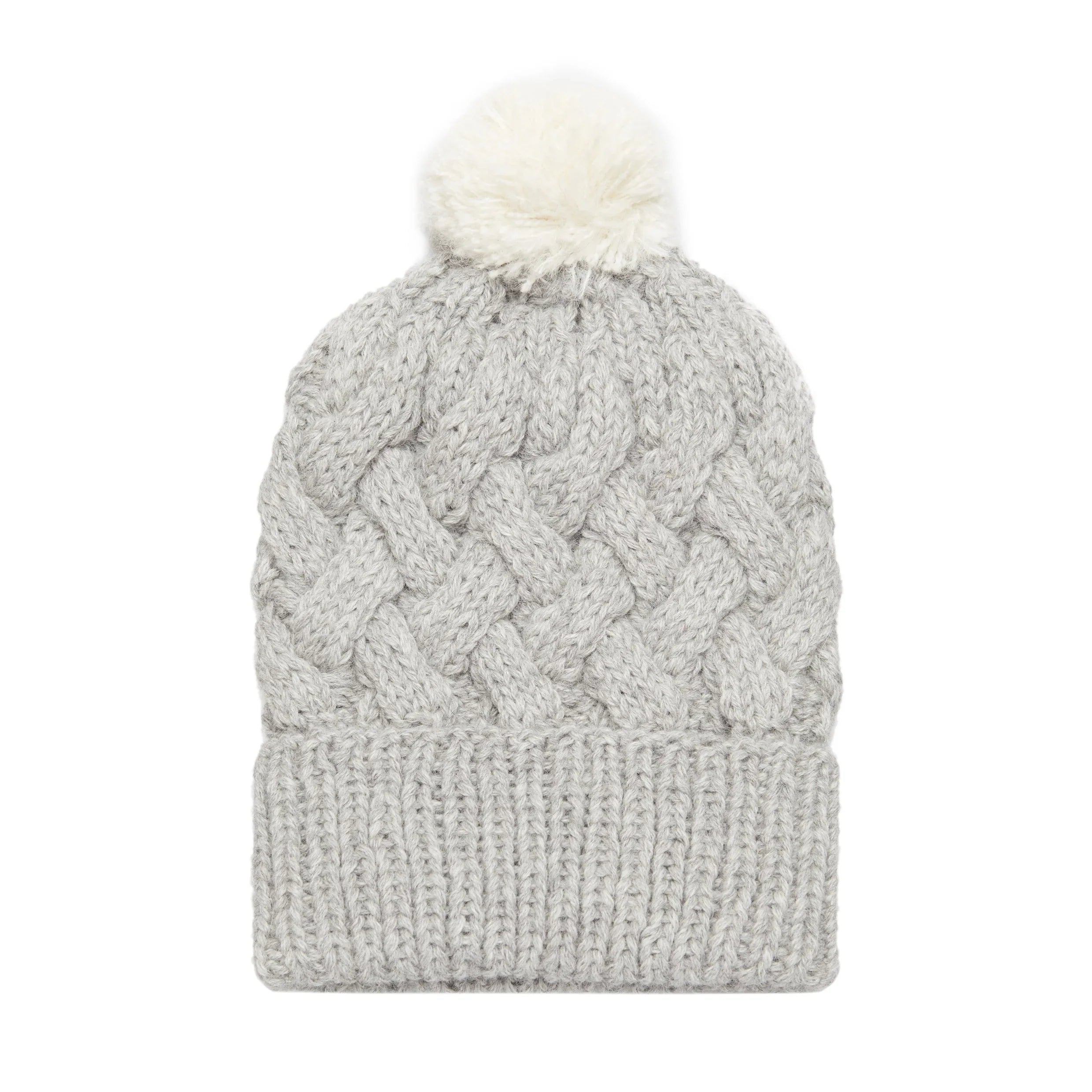 Grey Pom Pom Cable Knit Hat