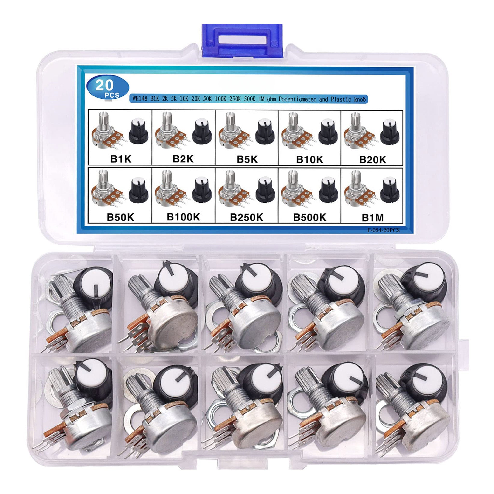 Altex Preferred MFG 20-Piece Potentiometer Kit with Knobs - B1K 2K 5K 10K 20K 50K 100K 250K 500K 1M Ohm