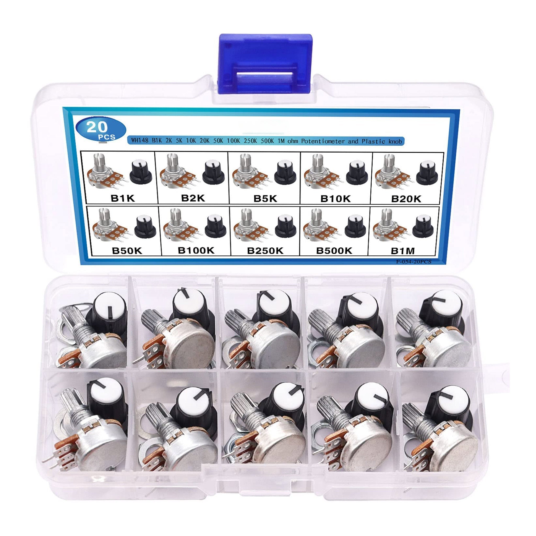 Altex Preferred MFG 20-Piece Potentiometer Kit with Knobs - B1K 2K 5K 10K 20K 50K 100K 250K 500K 1M Ohm
