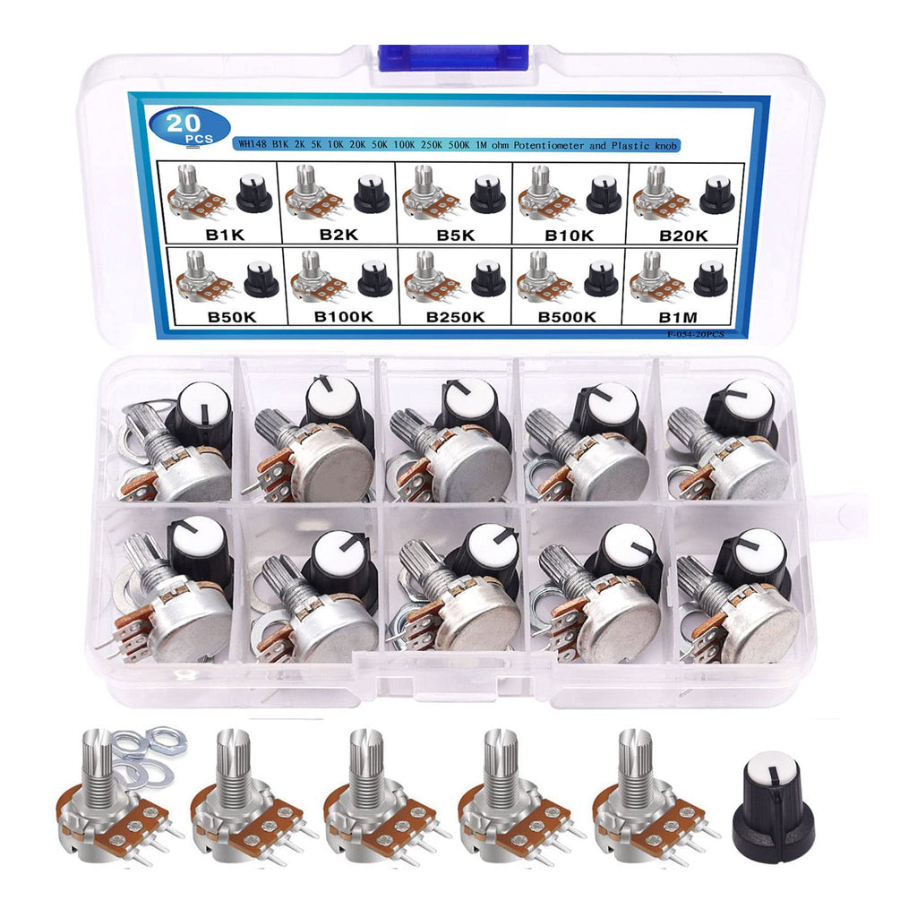Altex Preferred MFG 20-Piece Potentiometer Kit with Knobs - B1K 2K 5K 10K 20K 50K 100K 250K 500K 1M Ohm