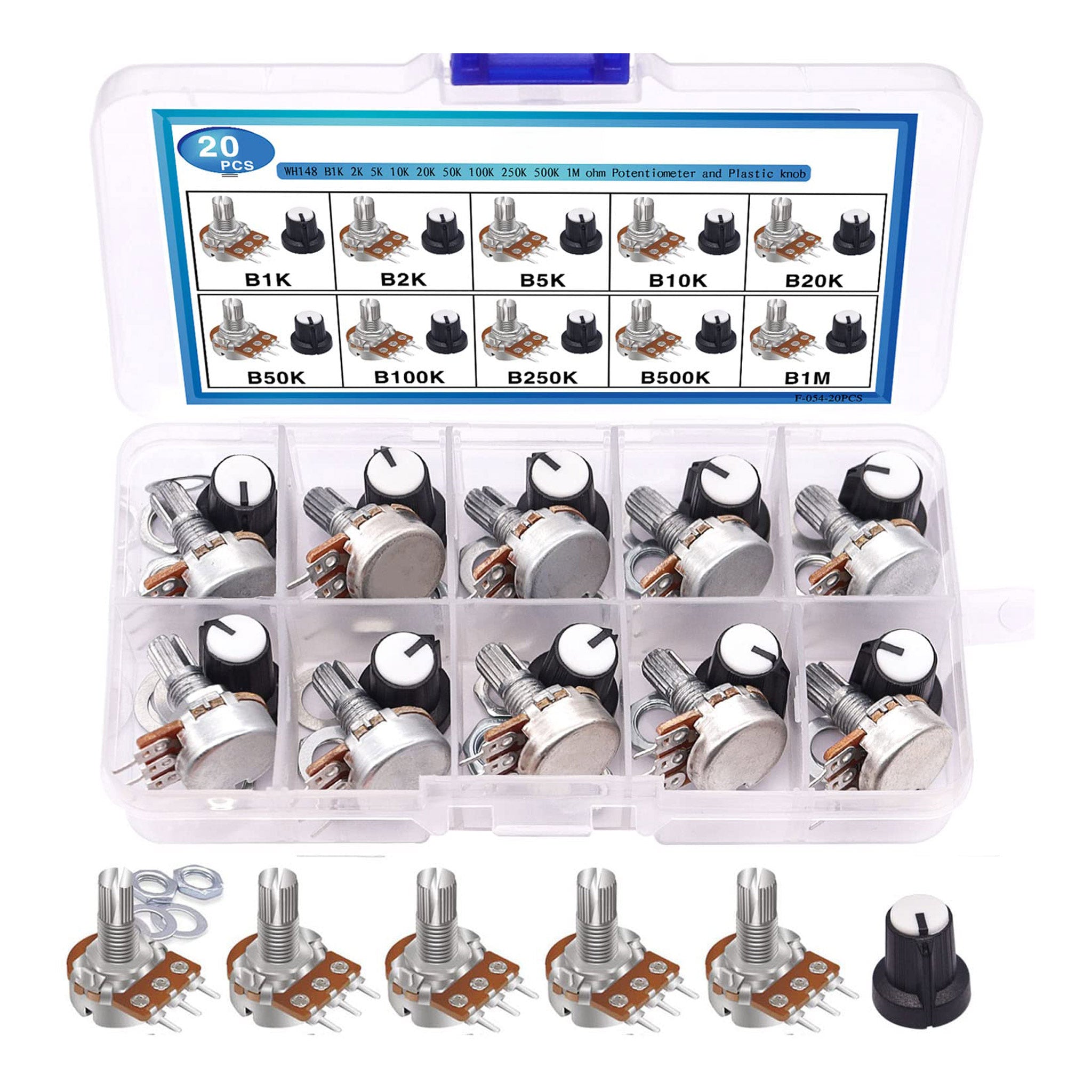Altex Preferred MFG 20-Piece Potentiometer Kit with Knobs - B1K 2K 5K 10K 20K 50K 100K 250K 500K 1M Ohm