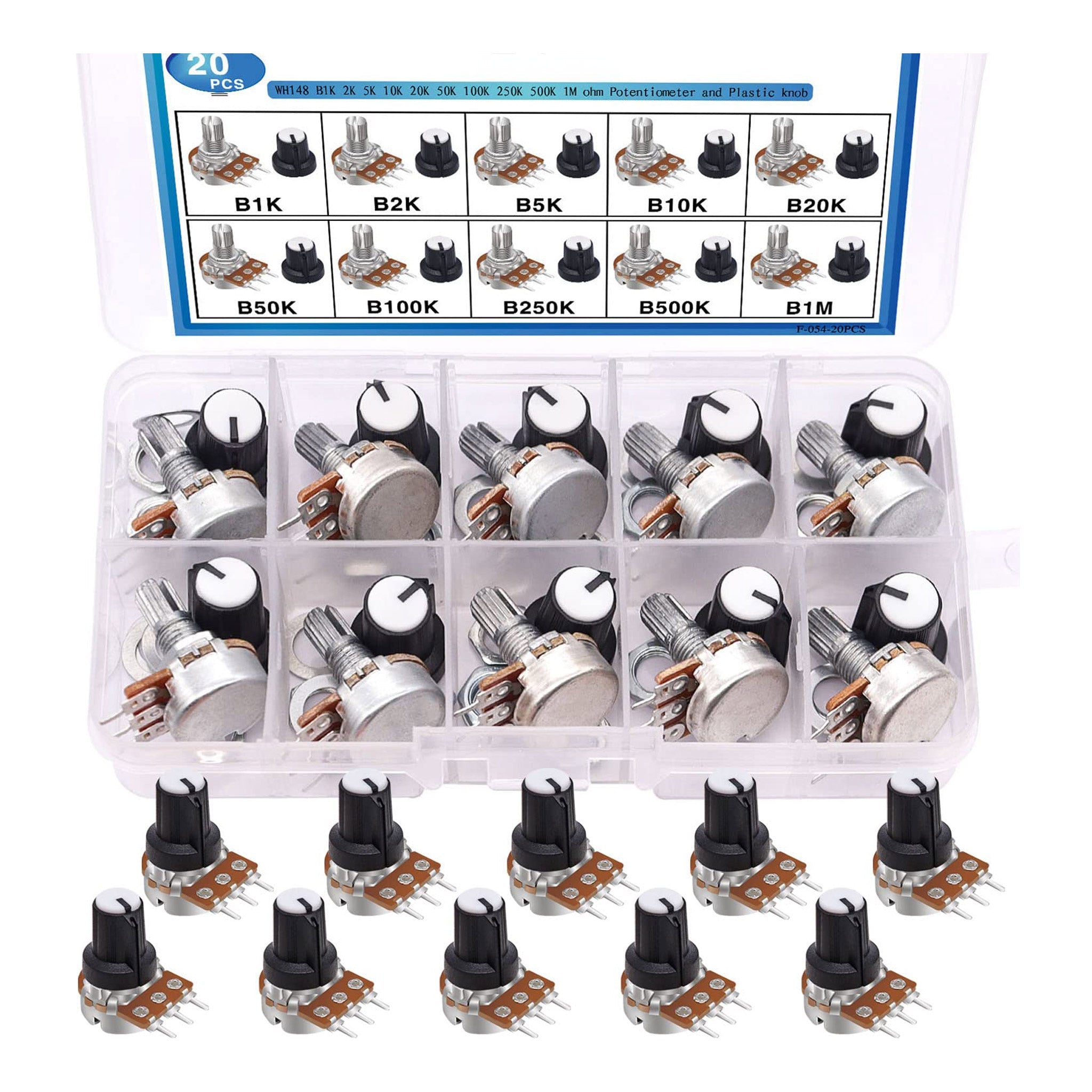 Altex Preferred MFG 20-Piece Potentiometer Kit with Knobs - B1K 2K 5K 10K 20K 50K 100K 250K 500K 1M Ohm