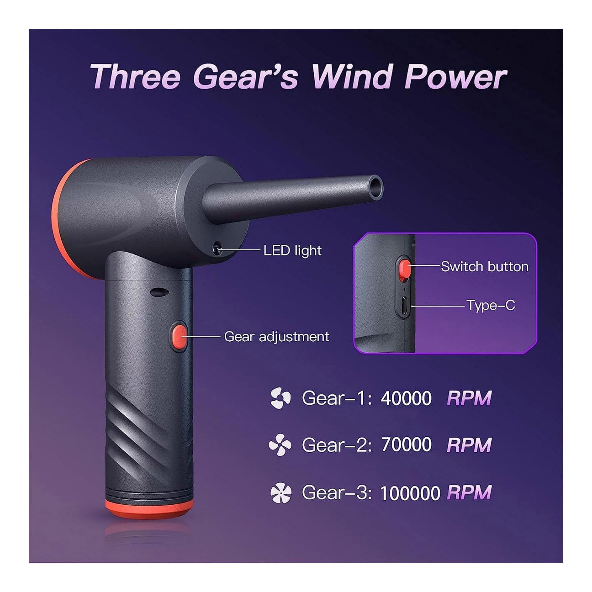 Altex Preferred MFG 3-Gear 100K RPM Rechargeable Compressed Air Duster - 6000mAh