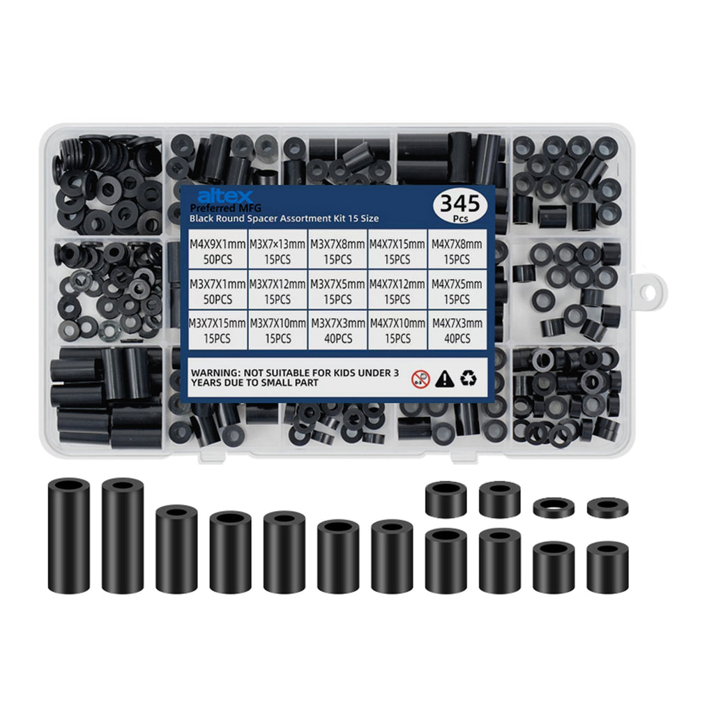 Altex Preferred MFG 345-Piece 15 Size M3/M4 Nylon Round Spacer Assortment Kit