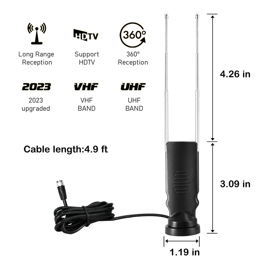 Altex Preferred MFG 4K 1080p Indoor Long Range Rabbit Ears HDTV 360° Antenna with Suction Cup Base - 4.9ft Cable