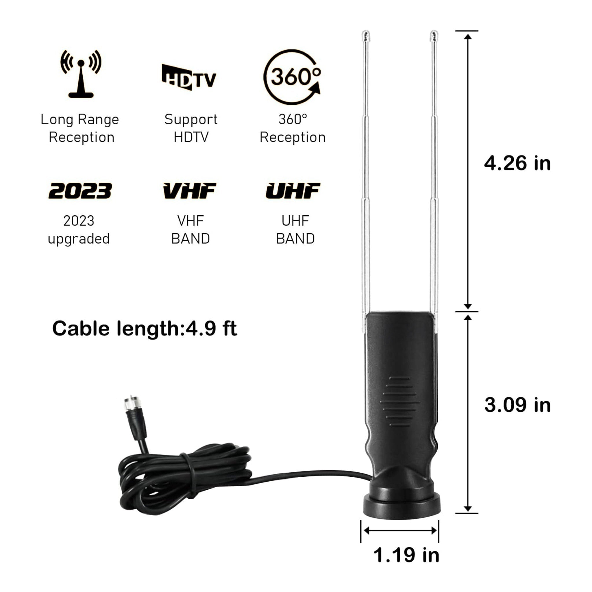 Altex Preferred MFG 4K 1080p Indoor Long Range Rabbit Ears HDTV 360° Antenna with Suction Cup Base - 4.9ft Cable