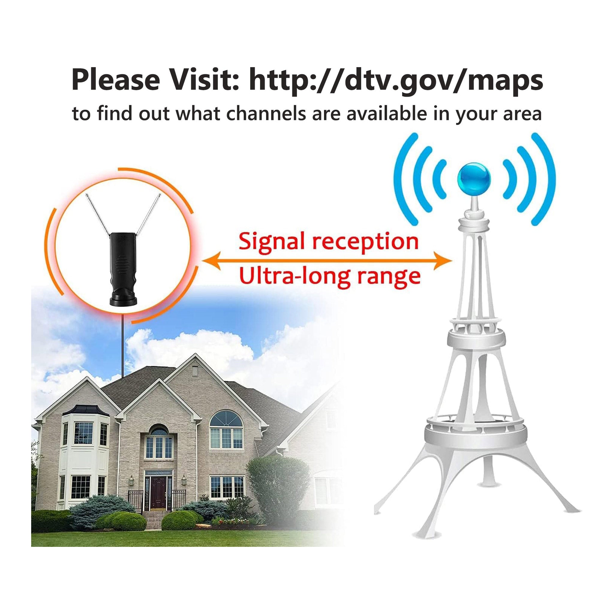 Altex Preferred MFG 4K 1080p Indoor Long Range Rabbit Ears HDTV 360° Antenna with Suction Cup Base - 4.9ft Cable