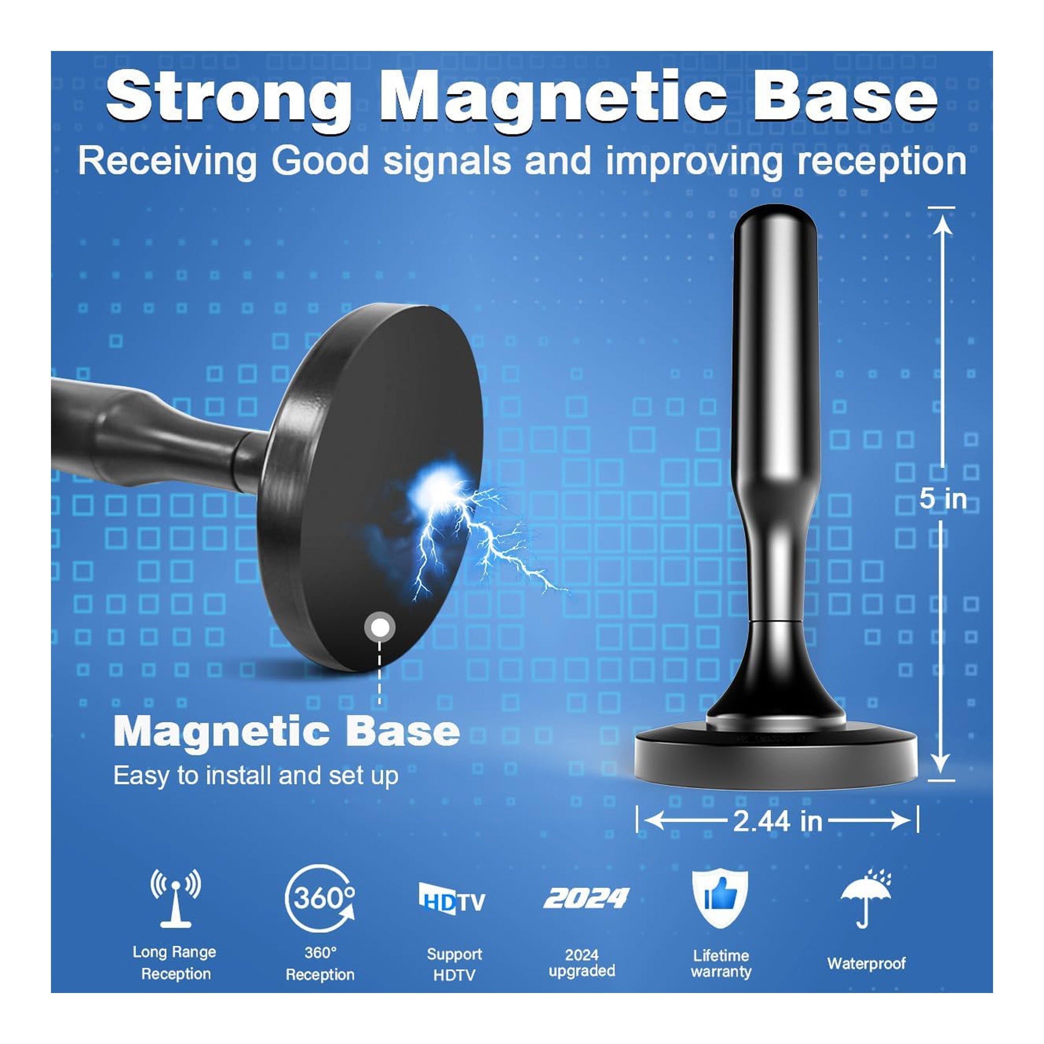 Altex Preferred MFG 4K 1080p Indoor Long Range Reception HDTV 360° Antenna with Strong Magnetic Base - 10ft Cable