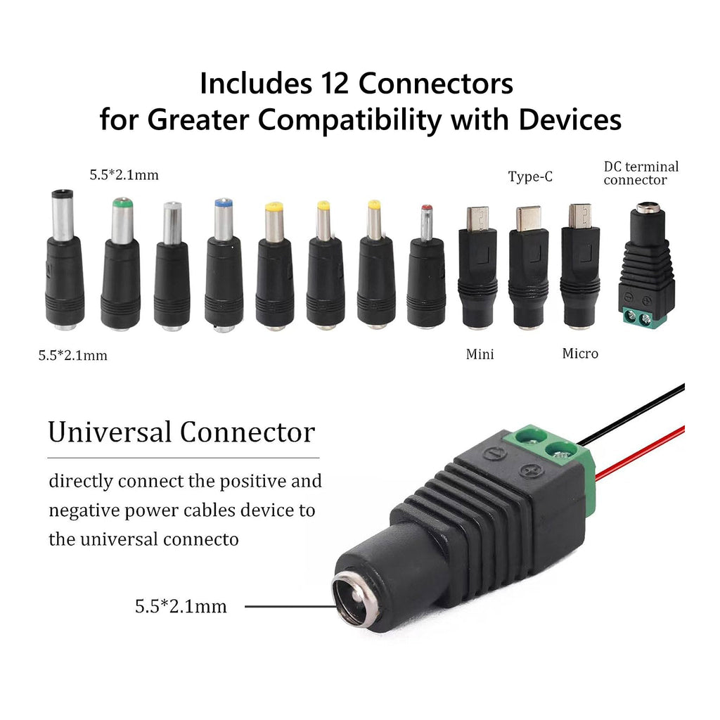 Altex Preferred MFG 5V 3A USB 2.0 Type-A to Universal DC Barrel Power Charging Cable with 12-Piece Adapter Tips - 1m