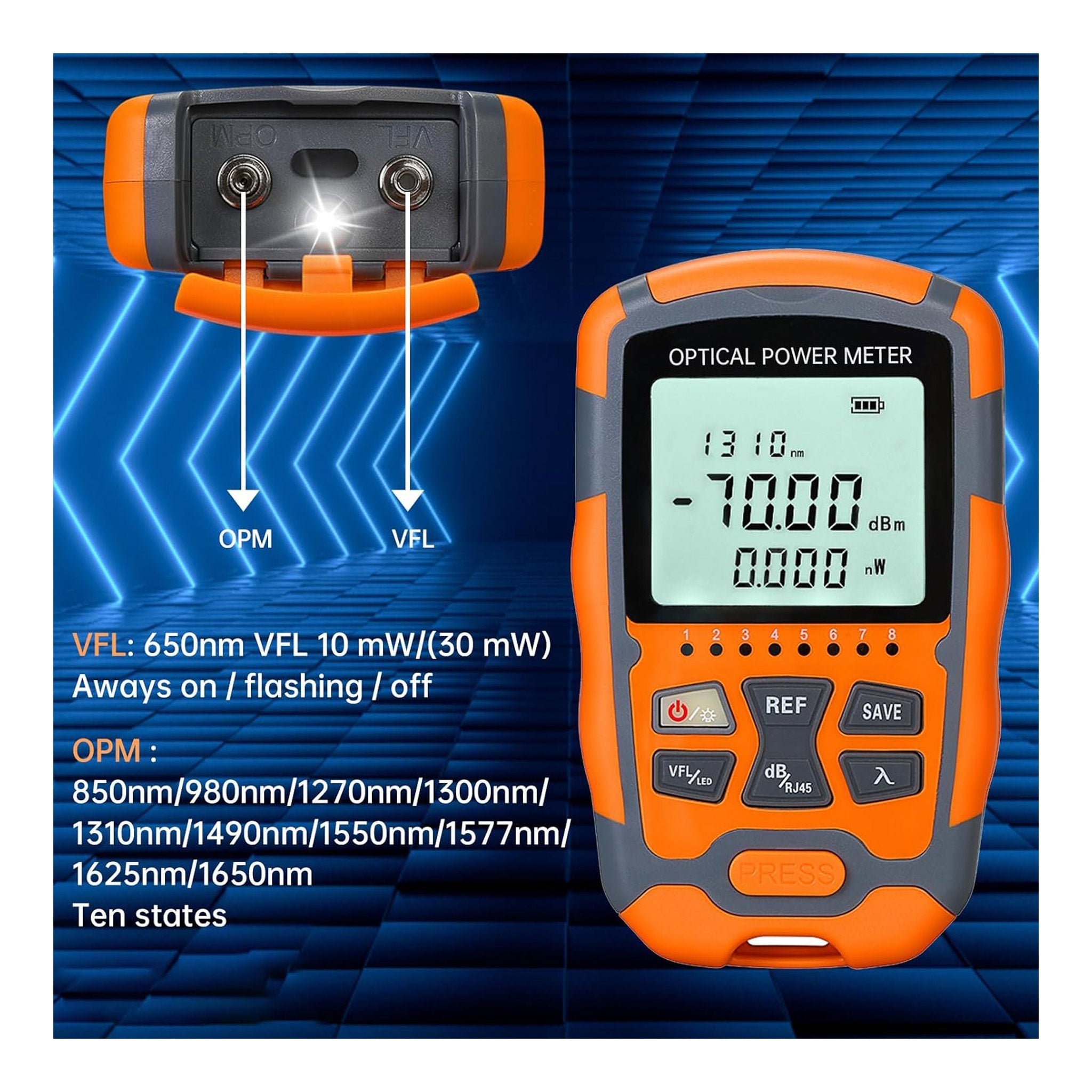 Altex Preferred MFG Fiber Optic Power Meter FC/SC/ST Universal Interface Built-in 10mW Visual Fault Locator (OPM & VFL) with 1pc FC to LC Adapter - FTVFL-10