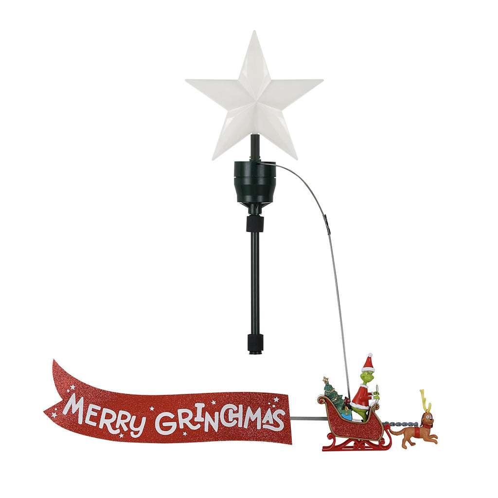 Animated Grinch Sleigh Tree Topper with Banner - Merry Grinchmas