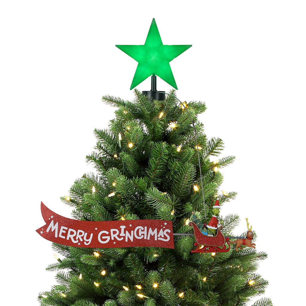 Animated Grinch Sleigh Tree Topper with Banner - Merry Grinchmas
