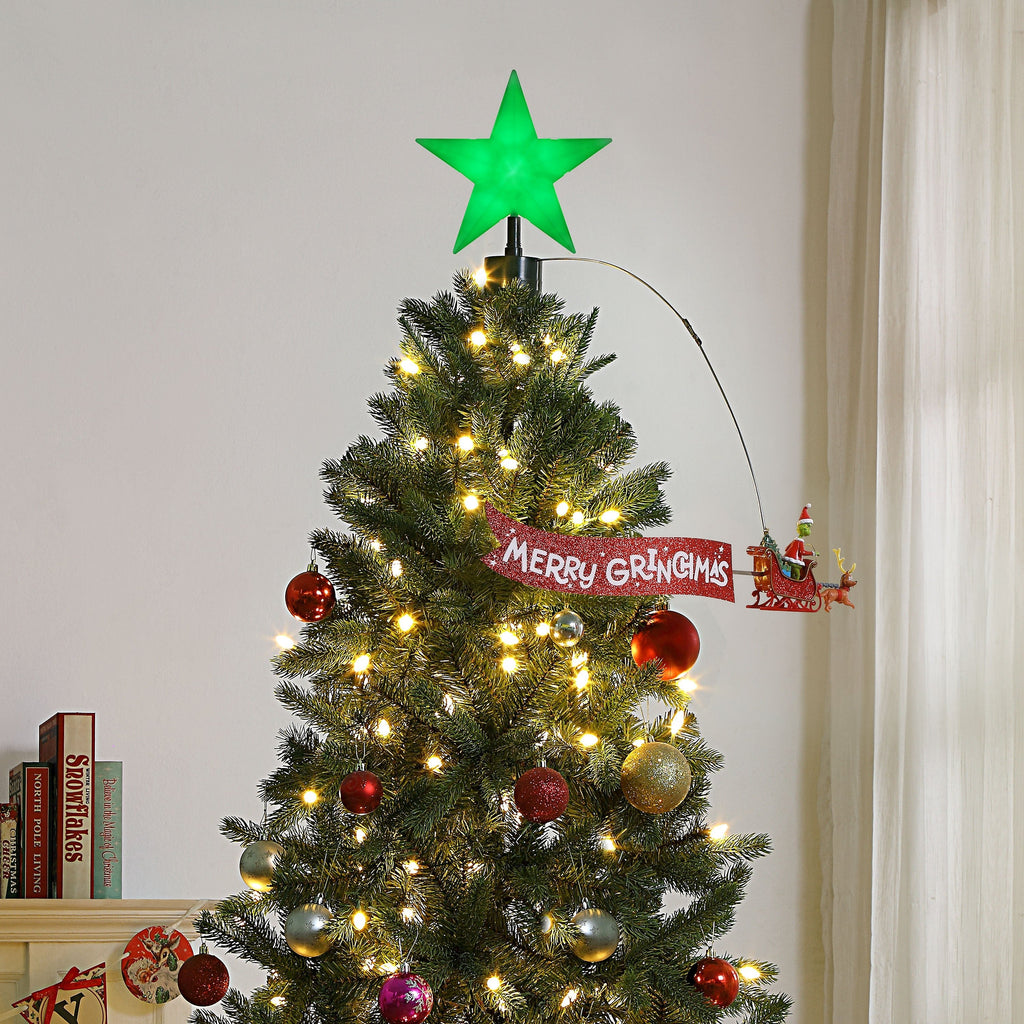 Animated Grinch Sleigh Tree Topper with Banner - Merry Grinchmas