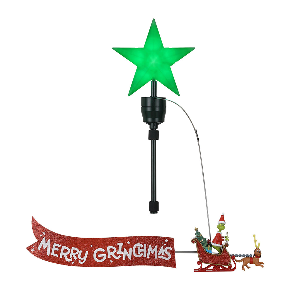 Animated Grinch Sleigh Tree Topper with Banner - Merry Grinchmas