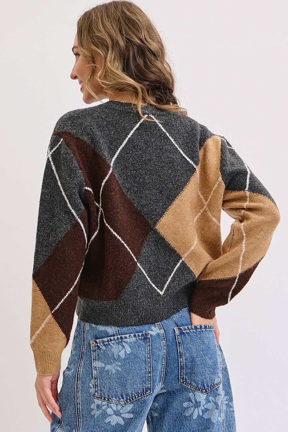 V-Neck Argyle Knit Sweater