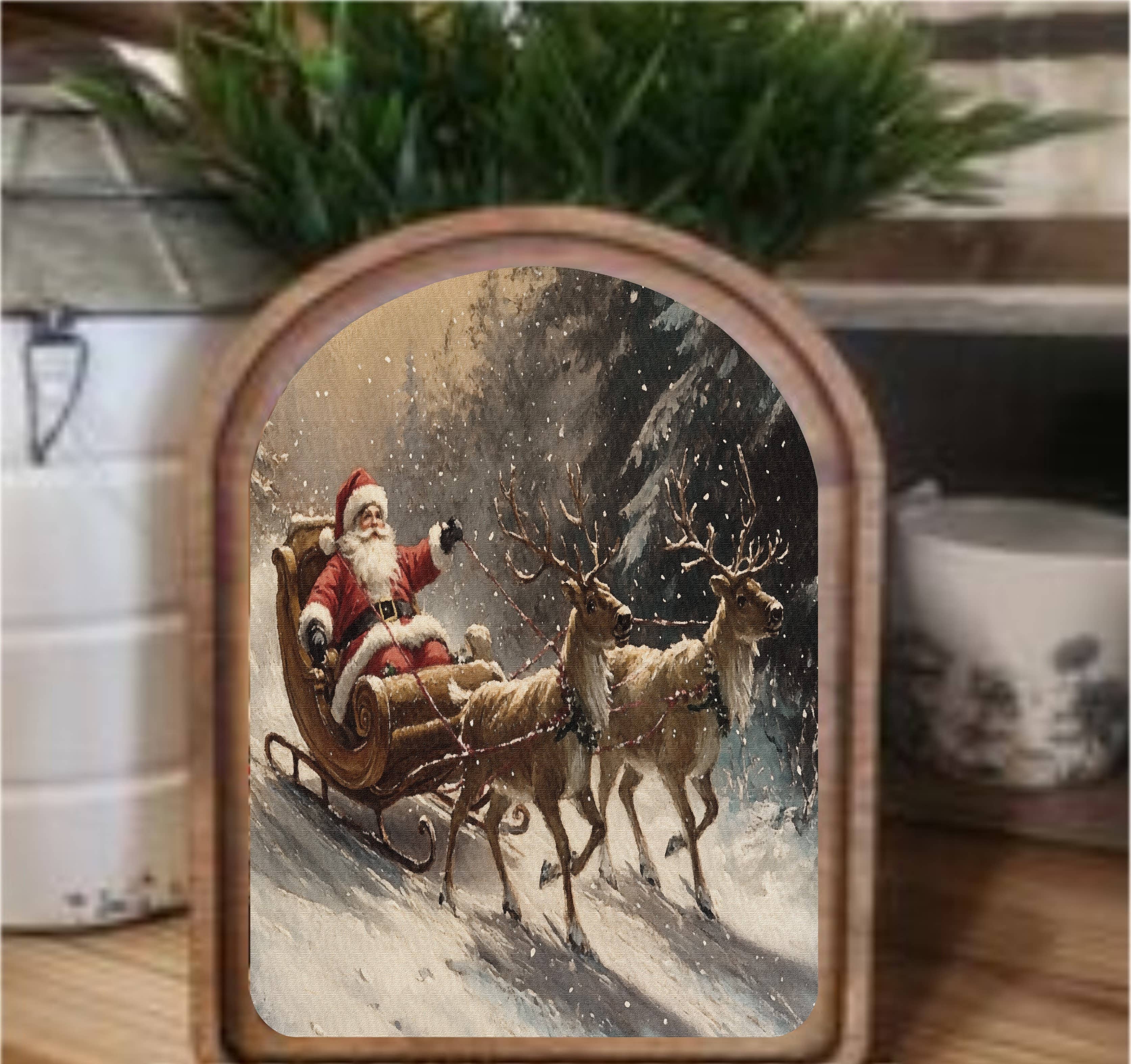 Santa Sleigh Framed Art Arch Top