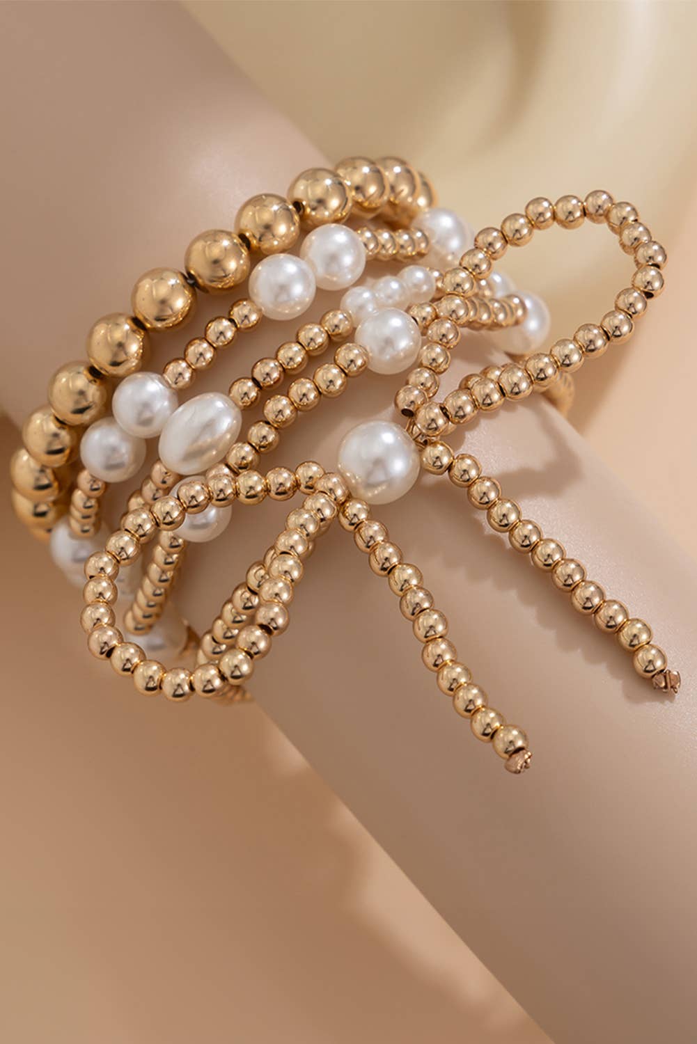 Bow Knot Pearl Beaded Multi Layered Bracelet Set