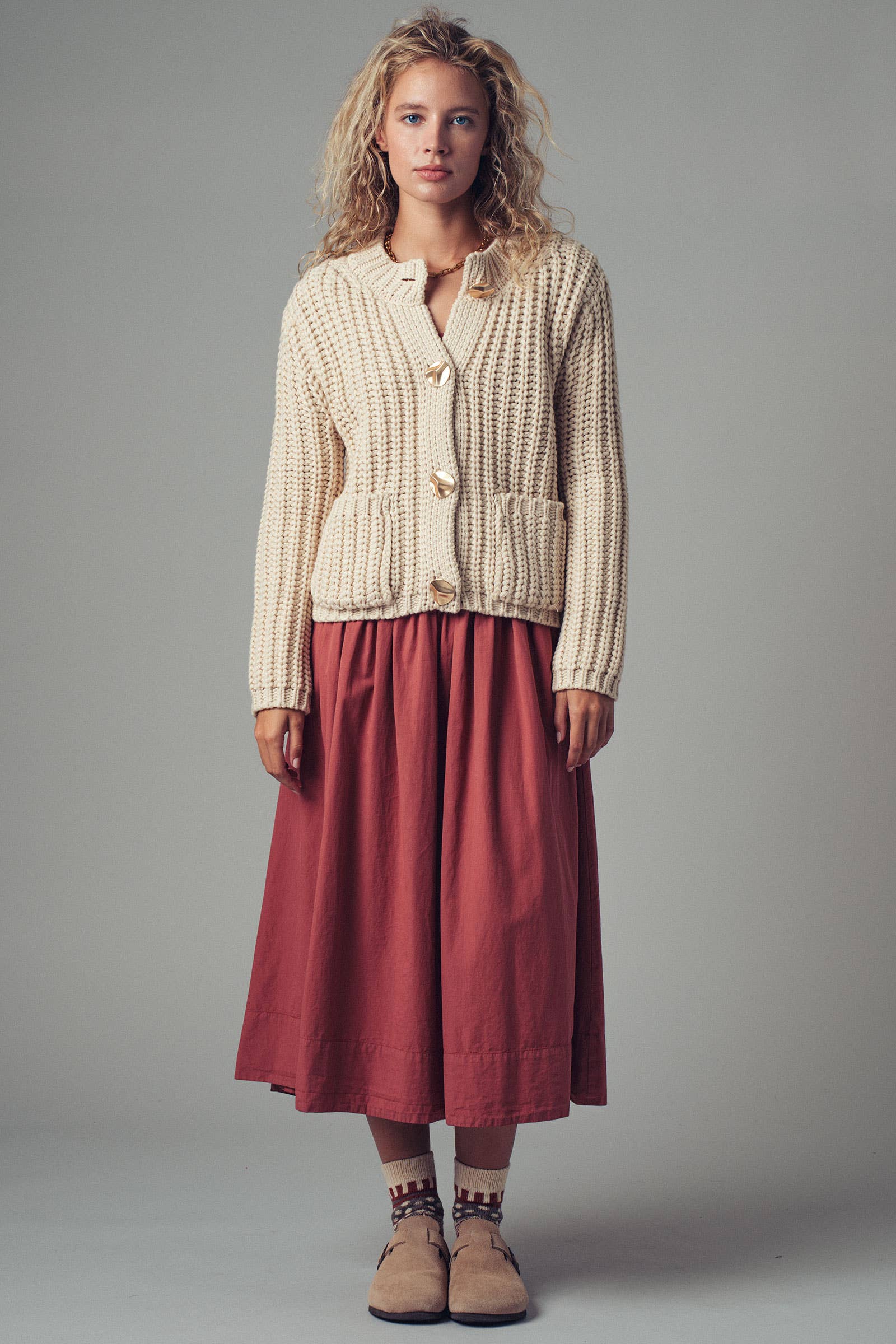 Chunky Gold Button Ribbed Knit Cardigan