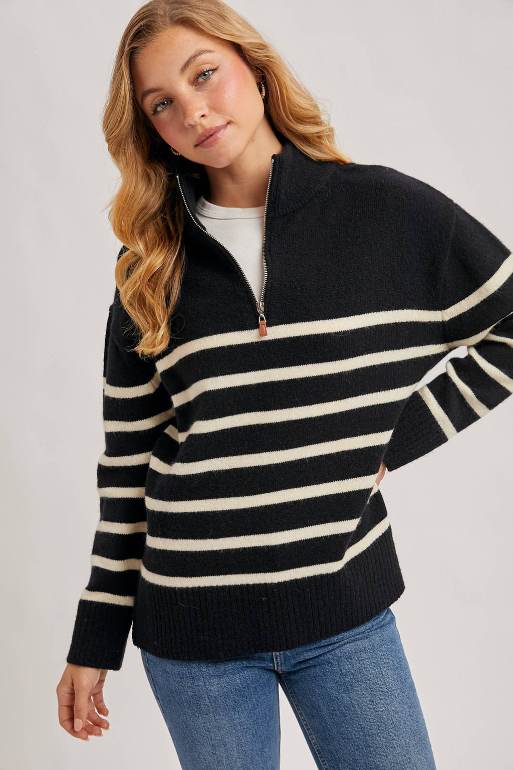Quarter Zip Up Stripe Sweater