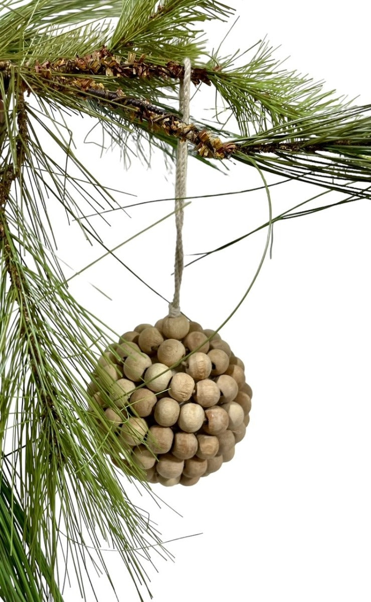 Natural Wood Bead Ball Ornament - Bundle of 3