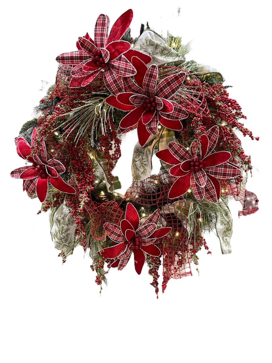 32" Custom Red Plaid Poinsettia Wreath