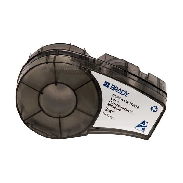 Brady 0.75in 21ft All Weather Permanent Adhesive Vinyl Black on White Label Tape with Ribbon for M21 Printers (M21-750-595-WT)