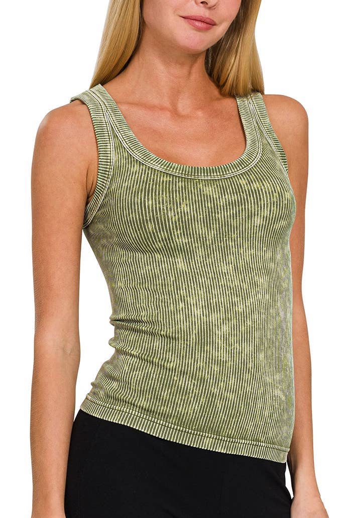 Ash Olive Washed Ribbed Seamless Tank Top