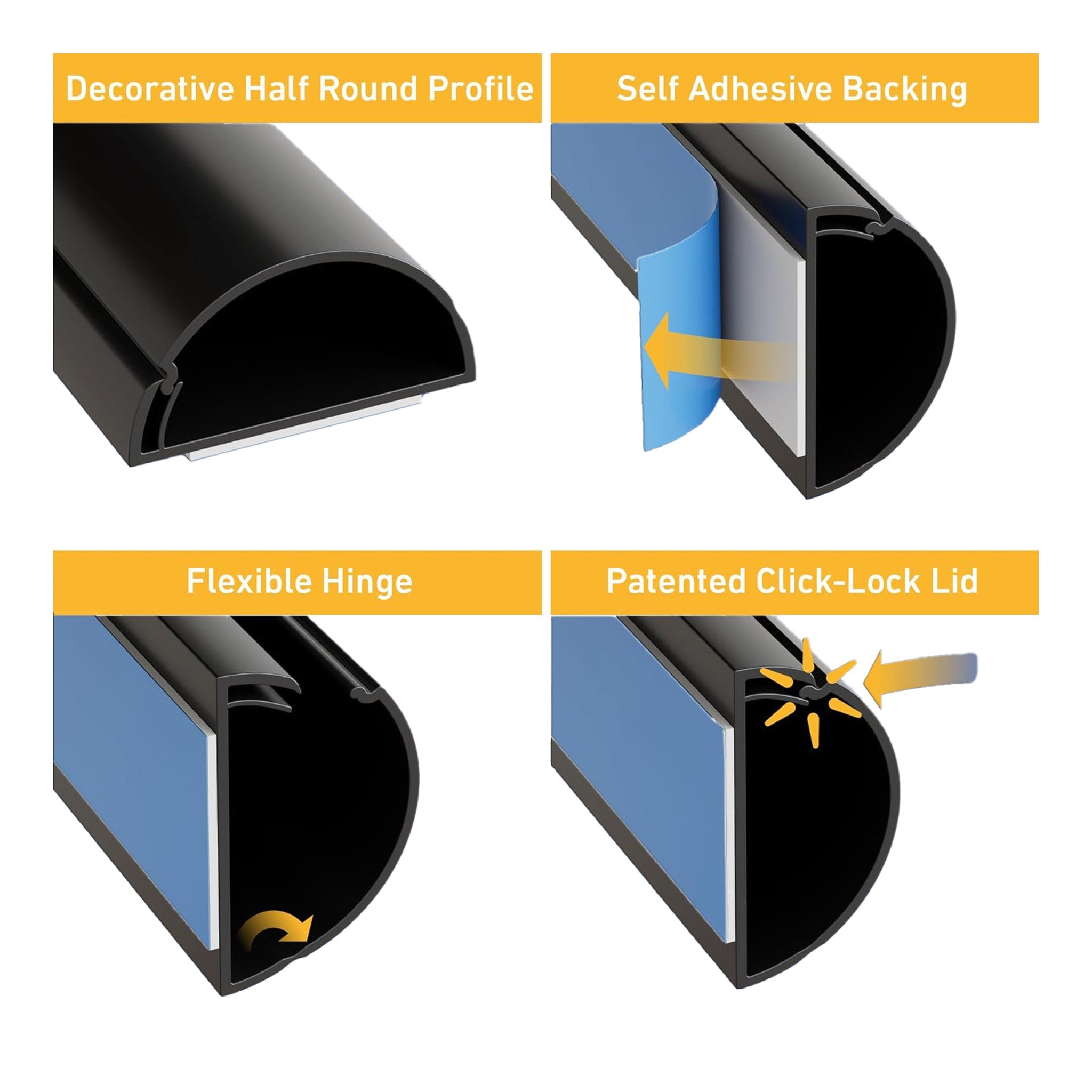 D-Line US/D23015B 6ft Self-Adhesive Half Round Mini Cable Raceway - Black