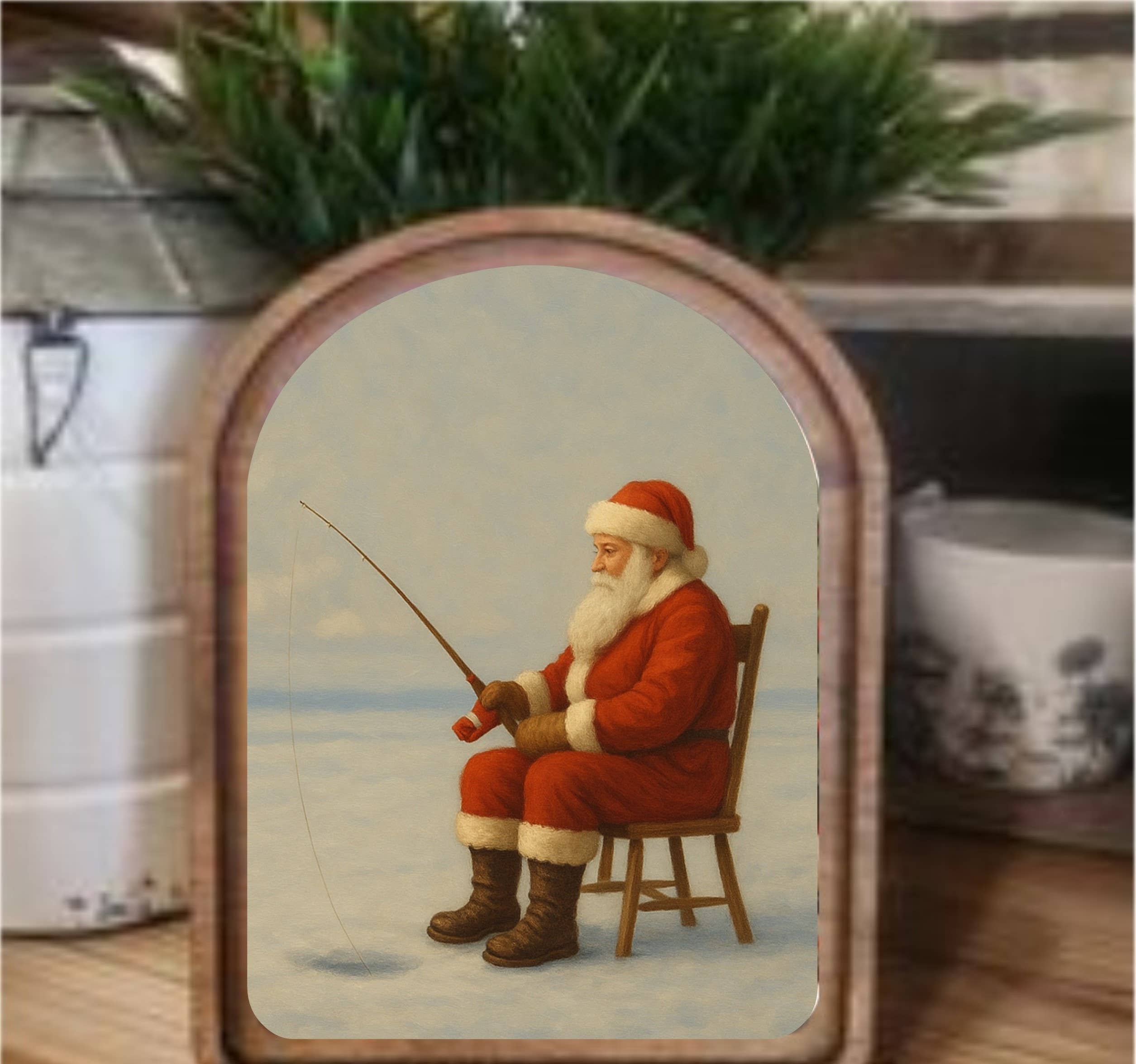 Ice Fishing Santa Framed Art Arch Top