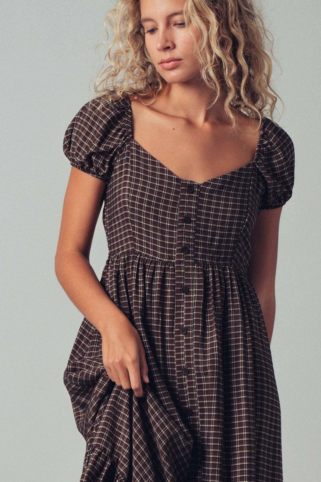 Check Puff Sleeve Smocked Midi Dress