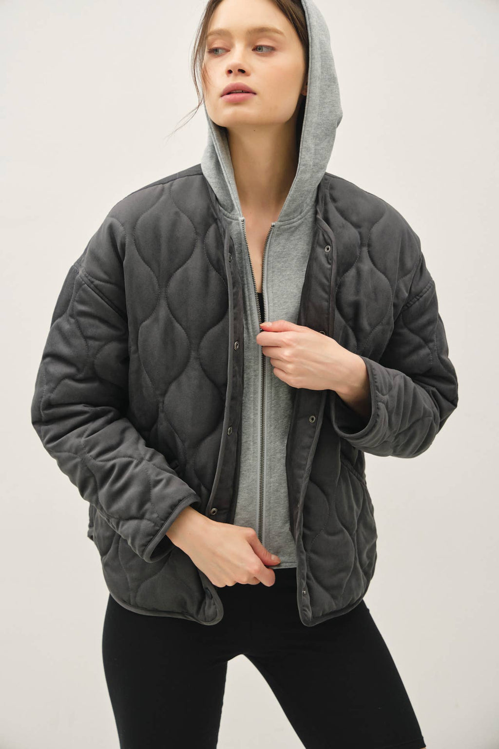 Charcoal Quilted Jacket with Attachable Hood