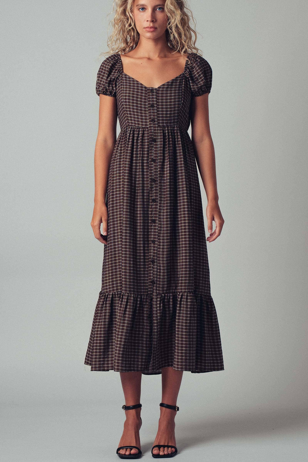 Check Puff Sleeve Smocked Midi Dress