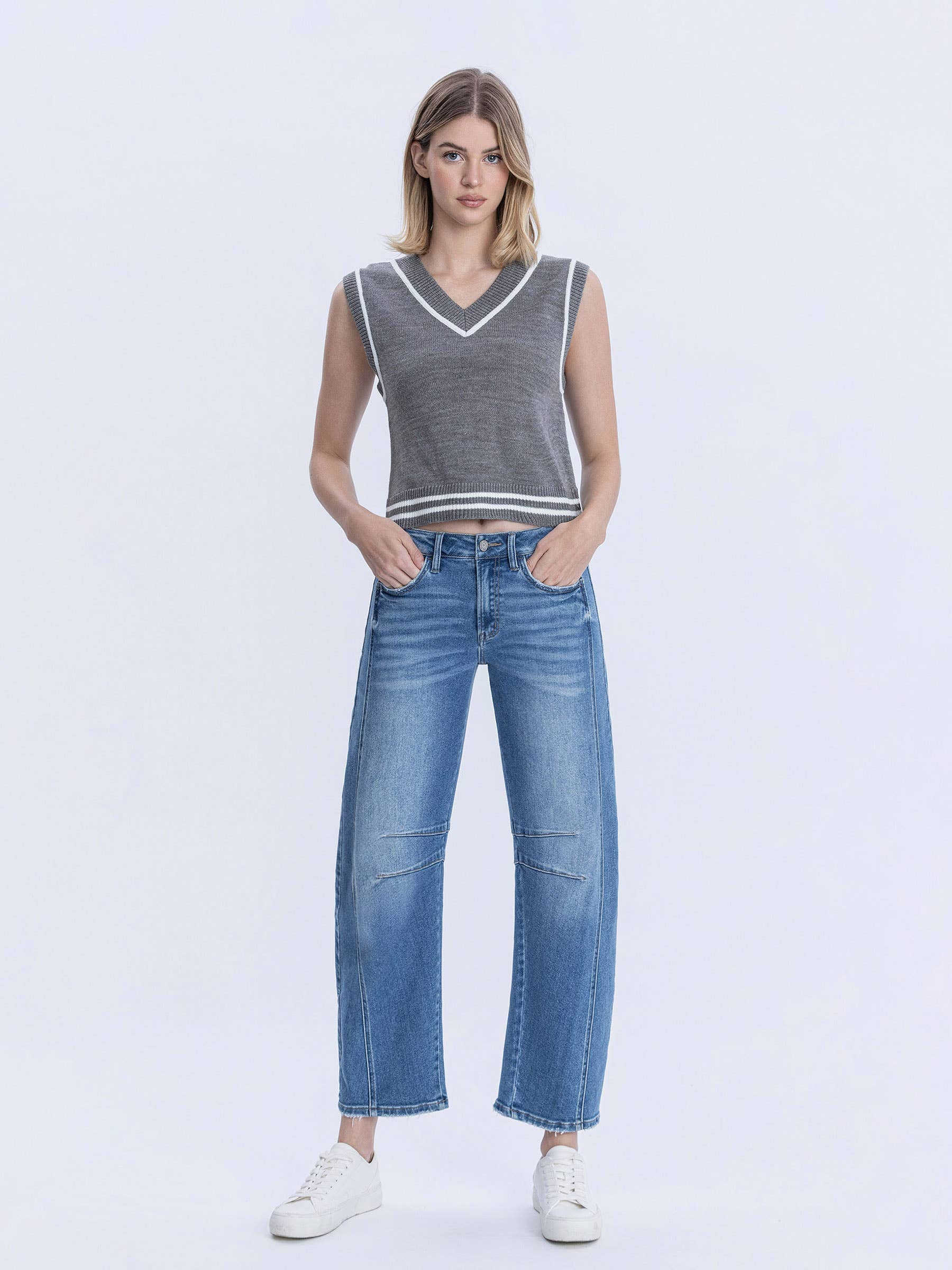 High Rise Medium Wash Crop Barrel Jeans