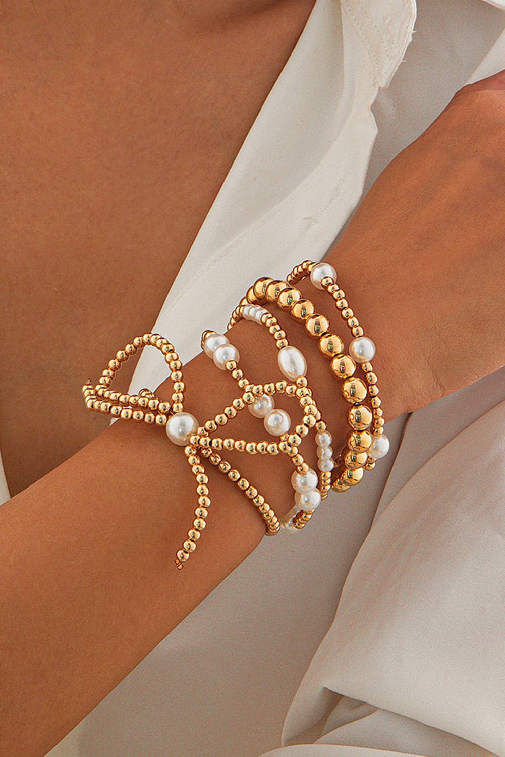 Bow Knot Pearl Beaded Multi Layered Bracelet Set