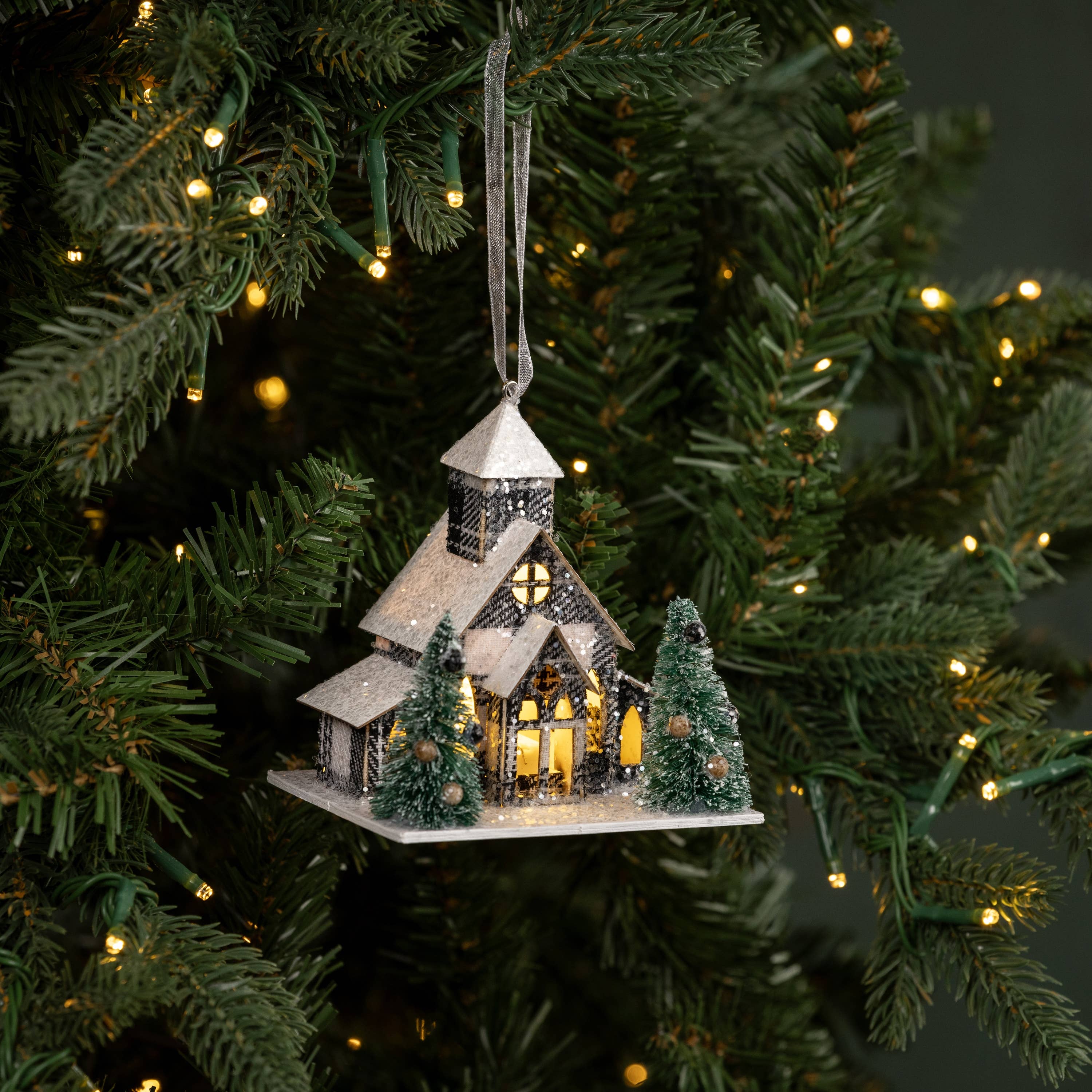 Plaid Lighted Church Ornament