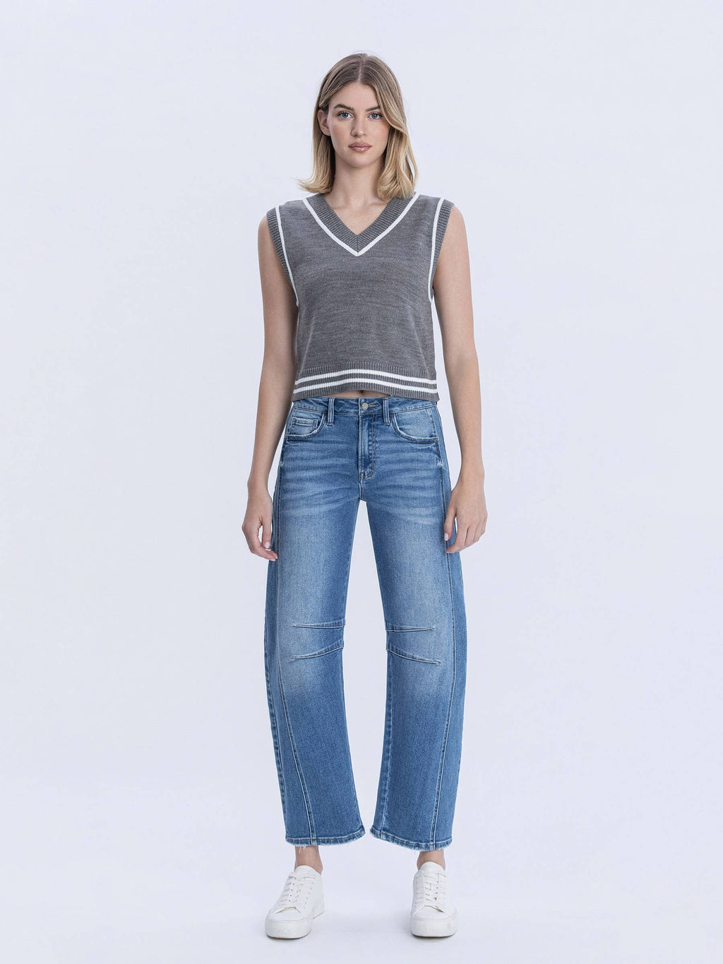 High Rise Medium Wash Crop Barrel Jeans