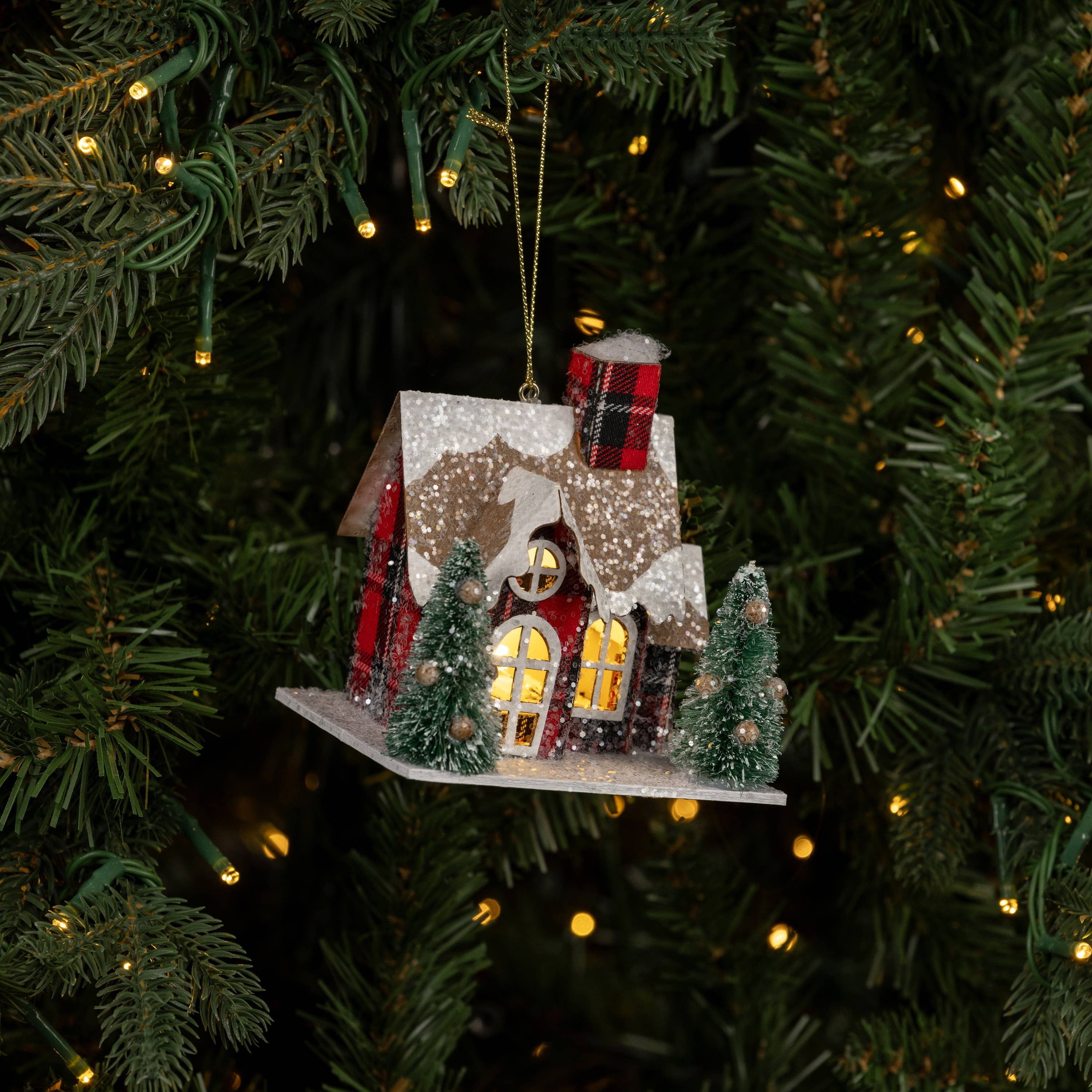 Plaid Lighted House Ornament