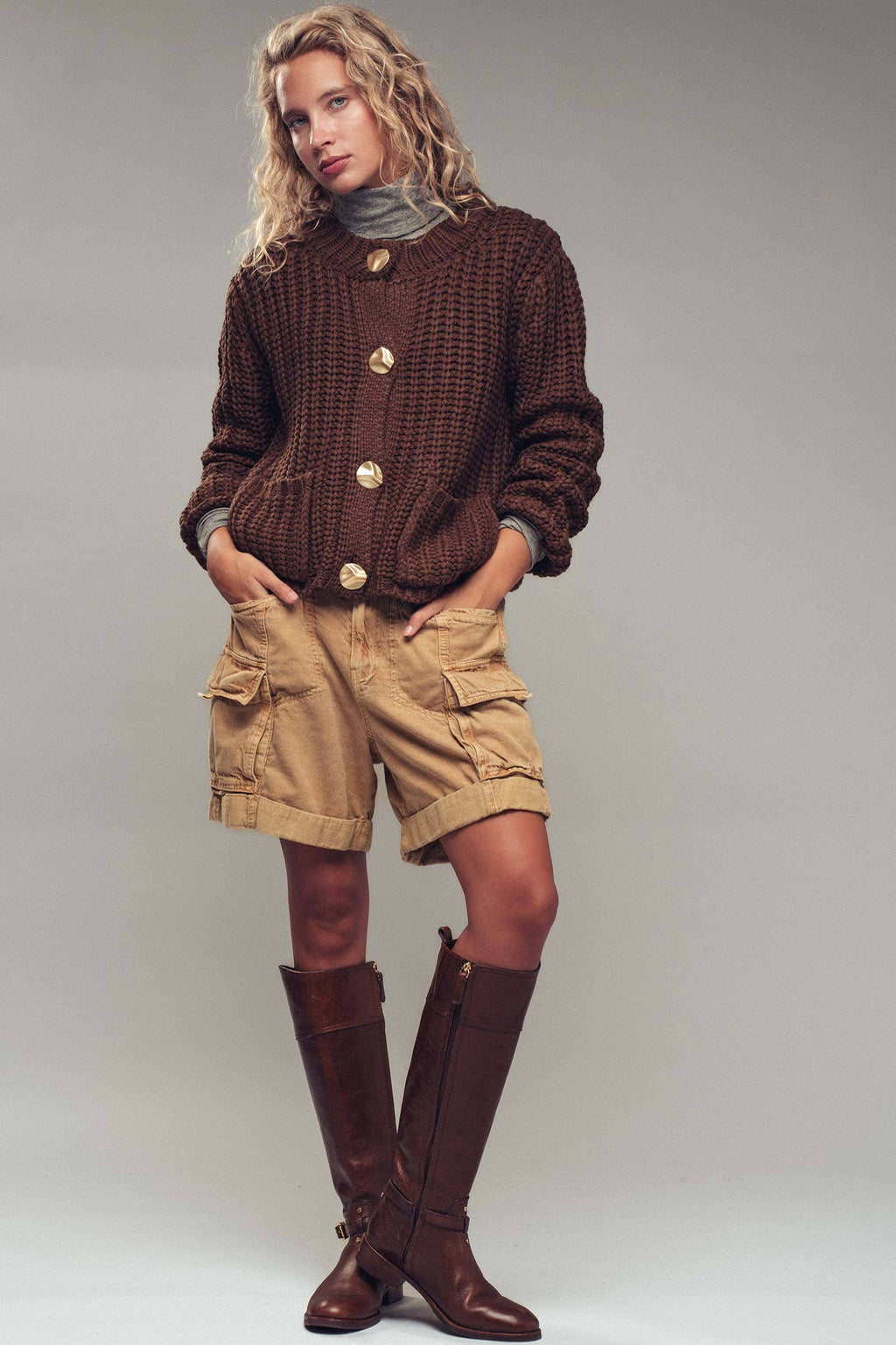 Brown Chunky Gold Button Ribbed Knit Cardigan