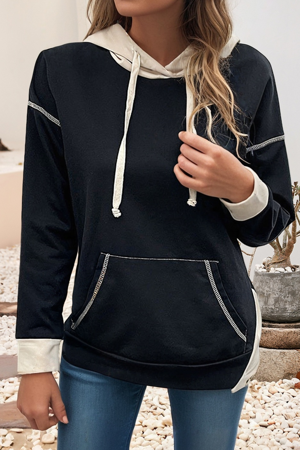 Contrast Seam Color Block Hooded Sweatshirt