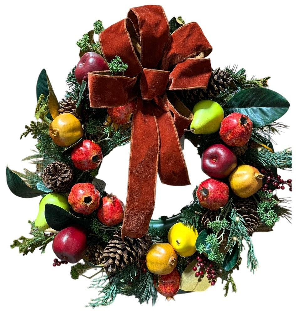 24" Christmas Decorated Wreath- Bostonian with Battery Operated Lights