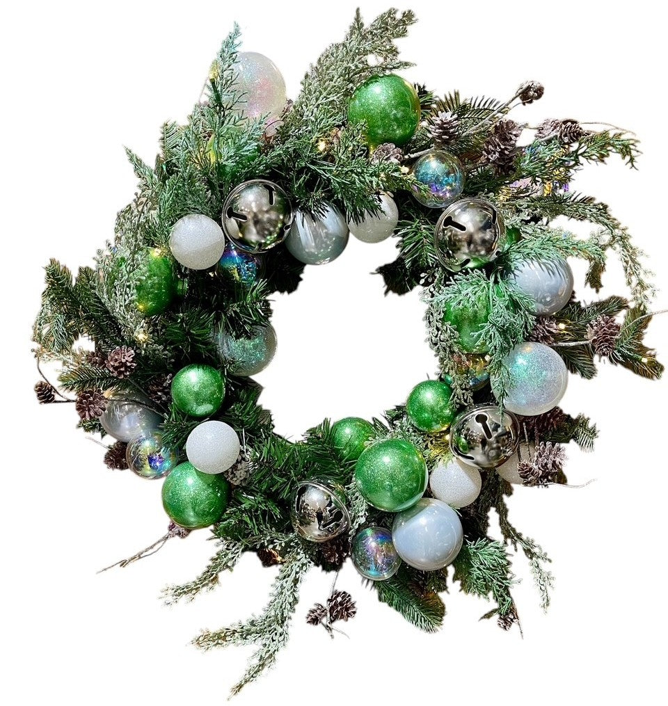 24" Christmas Decorated Wreath Silver Bells- Frosted Moss with Battery Operated Lights