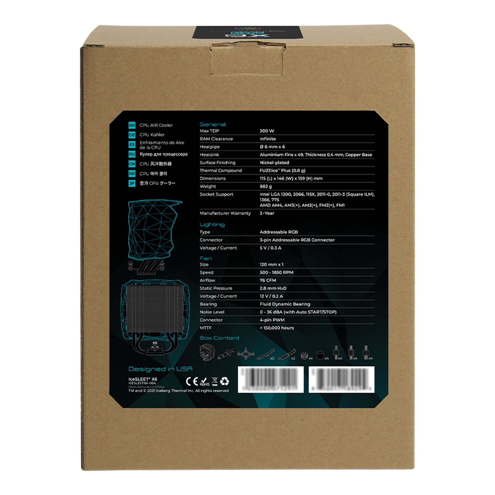 Iceberg Thermal ICESLEETX6-00A 6-Heat Pipe 120mm PWM ARGB Intel/AMD High Performance CPU Cooler